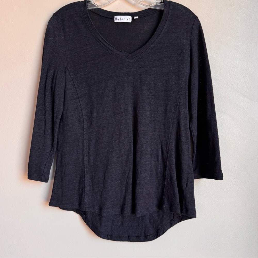 HABITAT 100% Linen Small Black 3/4 Length V Neckline‎ Shirt Lightweight